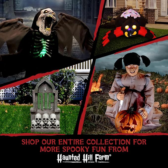 Haunted Hill Farm Lunging Pumpkin Carver Zombie Girl by Tekky, Motion-Activated Talking Halloween Animatronic for Indoor or Covered Outdoor Creepy Halloween Decorations, Plug-in or Battery Operated
