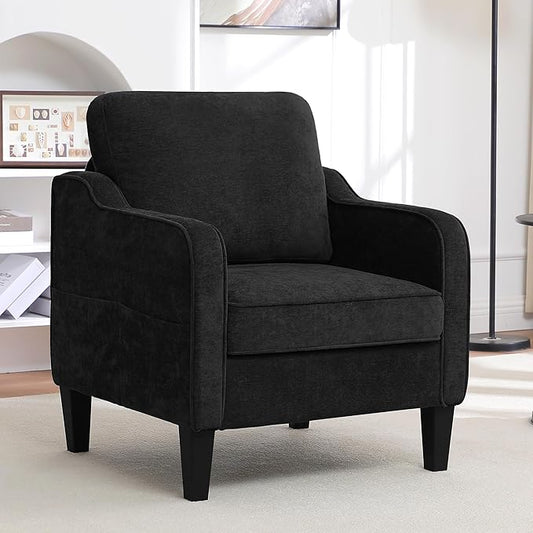 Accent Chair for Living Room, Mid Century Modern Reading Chair for Bedroom, Upholstered Armchair with Side Pockets, Comfy Single Sofa Side Chair for Office, Apartment, Small Room, Black