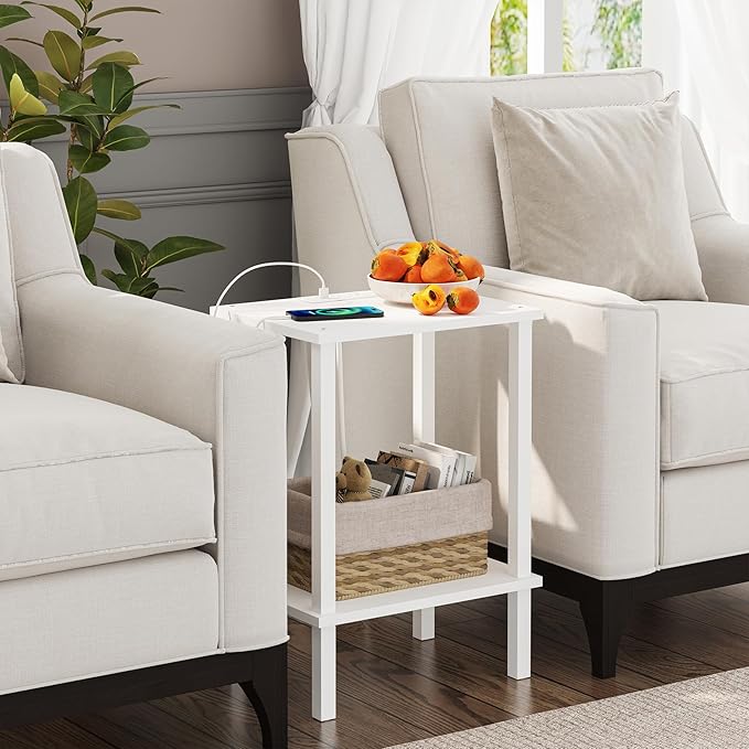 TUTOTAK End Table with Charging Station, Small Side Table with Outlets, Nightstand Bedside Table, 2-Tier Storage Shelf for Small Space, Living Room, Bedroom, White TB01BW040