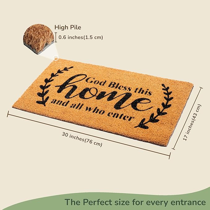 Welcome Doormats, Natural Coco Coir Mats with Non-Slip PVC Backing, Indoor Outdoor Mats for Home & Office, Mats for Door with God Bless This Home Print, Beige & Black, 30"x17"
