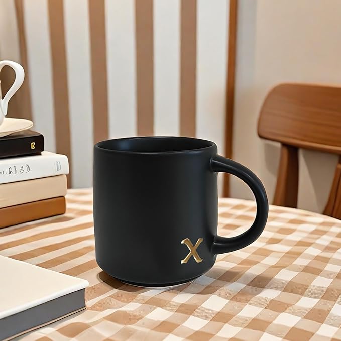 COLLECTIVE HOME - Black Monogram Ceramic Mugs, 15 oz Golden Initial Coffee Cups, Elegant Alphabet Tea Mugs, Personalized Halloween Mug with Gift Box, Perfect for Office and Home Décor (x)
