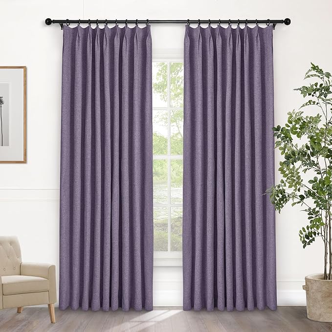 Macochico Pinch Pleated Full Blackout Curtains for Bedroom Living Room Violet Linen Curtains Thermal Insulated and Noise Reducing Window Panels with Tieback Shabby Chic Decor 84”Wx84”L 1 Panel