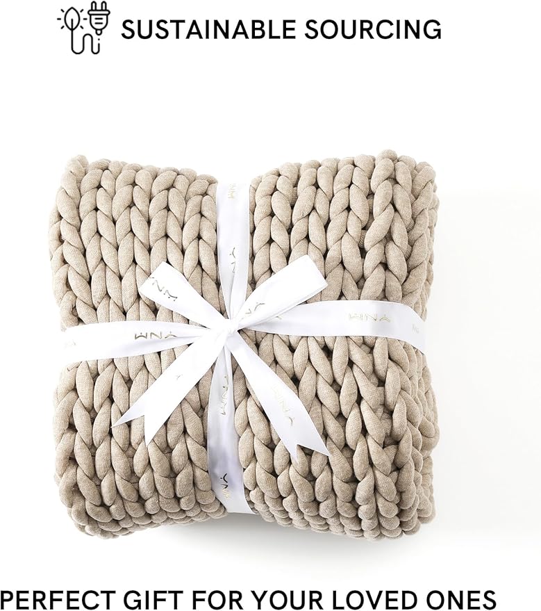 YnM Chunky Throw Blanket, Medium-Weight, Hand Knitted, Skin Friendly, Ventilated and Breathable, Machine Washable, Home Décor Piece for Couch, Sofa and Bed (Beige, 40x50 Inch)
