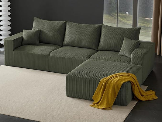 Boneless Sectional Cloud Couch Sofa for Living Room, 112" L-Shaped Modular Modern Lounge Sleeper Green Couches with Chaise, No Assemble, Cordury Compression Upholstered Sofas