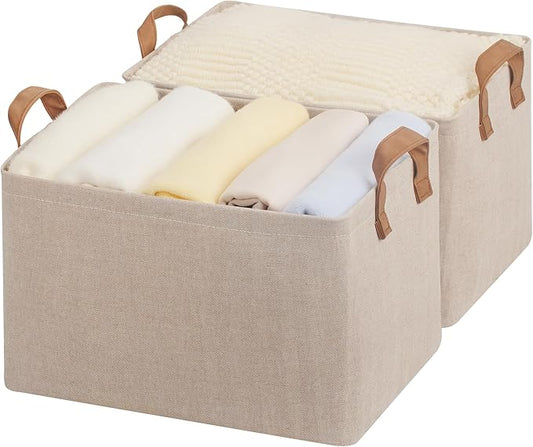 StorageWorks Storage Bins, Fabric Storage Bins for Shelves, Large Storage Baskets with Metal Frame, Closet Baskets and Bins with Handles, Brown and Beige, 2-Pack