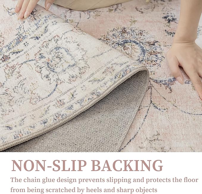 5'x7' Vintage Floral Rug - Persian Inspired Low-Pile Faux Wool Area Rug, Non-Slip Washable Rug for Bedroom, Nursery, Dorm, Soft Pink Boho Chic Decor