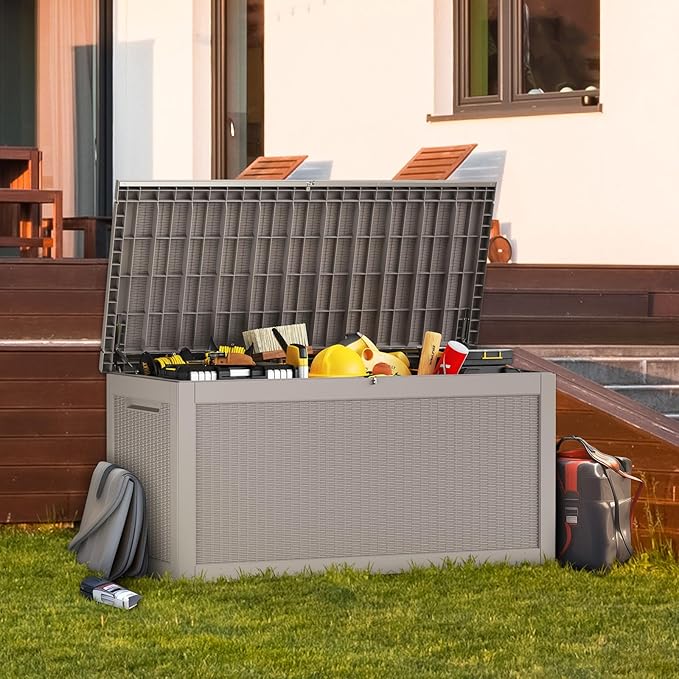 Large Deck Box 260 Gallon, Resin Patio Storage Box with Lockable Lid for Patio Furniture, Garden Tools, Pool Accessories, Weatherproof Outdoor Storage Bin, Brown