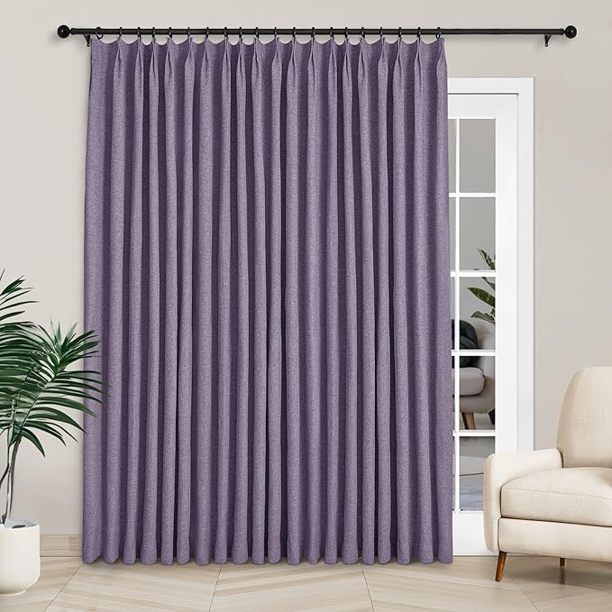 Macochico 120”Wx102”L 100% Blackout Linen Curtains Pinch Pleated Thermal Panels for Sliding Door Bedroom Living Room Farmhouse Shabby Chic Violet Burlap Curtains with Tieback 1 Panel