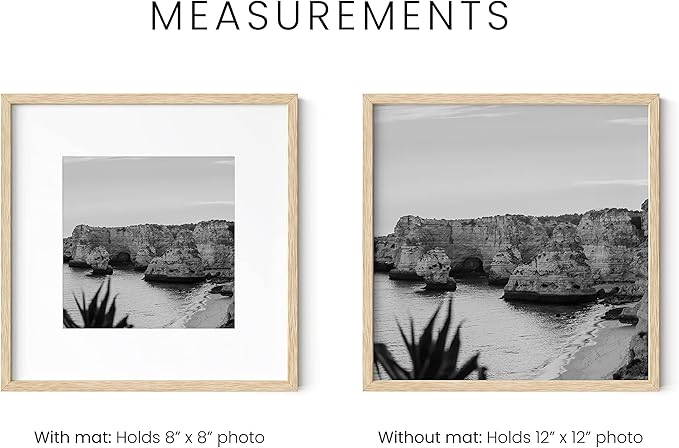 HAUS AND HUES Solid Oak Wood 12”x12” Picture Frames Matted to 8”x8” Set of 3-12x12 Photograph Frames With Mat, 12 by 12 Picture Frames Square, 12 x 12 Square Frames (Beige Oak Frames)