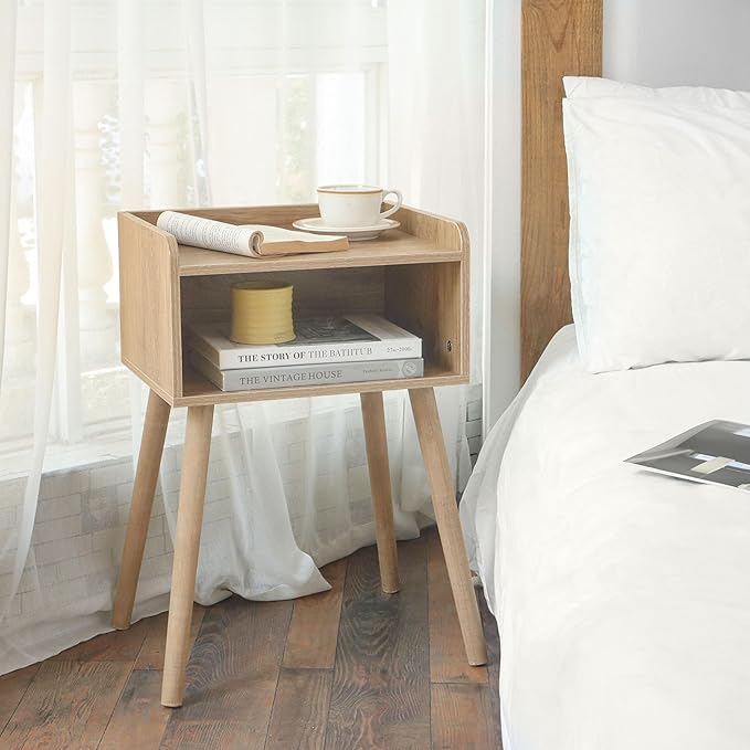 MaxSmeo Nightstand, Mid Century Modern Side Table Bedroom with Storage, Small End Bedside Table with Solid Wood Legs for Living Room, Office Small Spaces (Rustic Walnut)