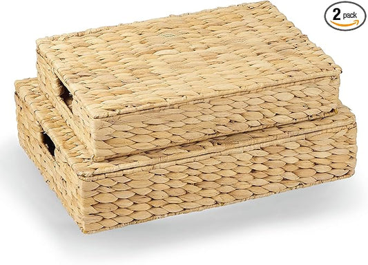 Set of 2 Wicker Baskets with Lid for Organizing - Decorative Storage Boxes With Lids for Home Decor, Shelves - Organic Modern Home Decor - Remote Box - Coffee Table Basket