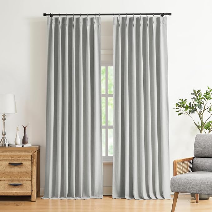 Vision Home Light Grey Pinch Pleated Full Blackout Curtains Linen Blended Room Darkening Curtain Panels 108 inch for Living Room Bedroom Thermal Insulated Pinch Pleat Drapes with Hooks 40" Wx108 Lx2