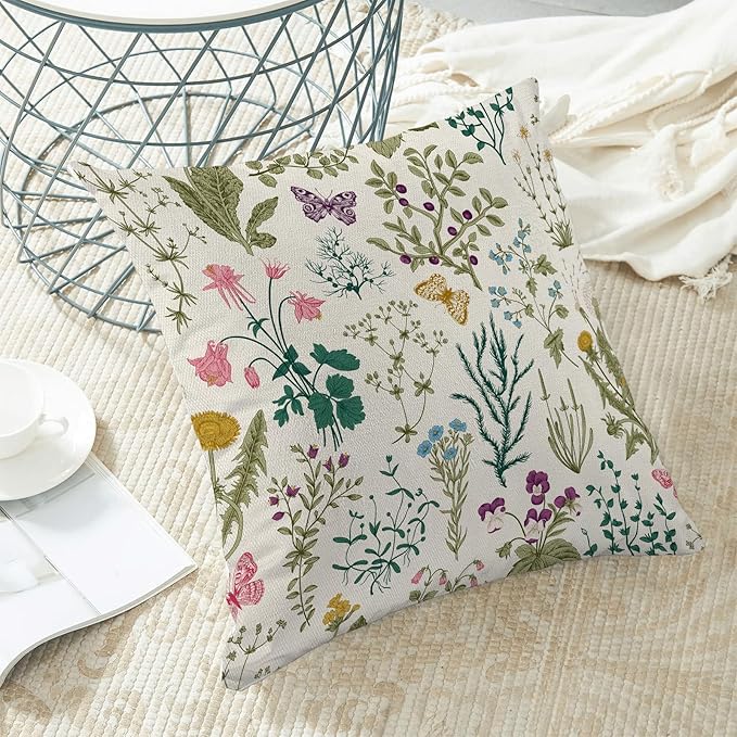 CXMEIFLY Spring Pillow Covers 18 x 18 Inch Set of 2 Vintage Sage Green Teal Wild Flowers Decor Throw Pillows Leaves Plant Outdoor Farmhouse Decorative Cushion Cases for Couch Bed Sofa Decoration
