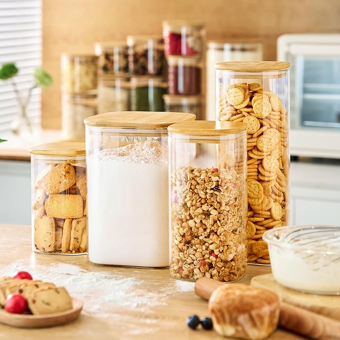 Extra Large Square Glass Flour & Sugar Storage Containers with Airtight Lids, 168oz 2 Pack Glass Jars with Bamboo Lids, Air tight Pantry Food Storage Containers for Cereal, Pasta, Rice Organizers