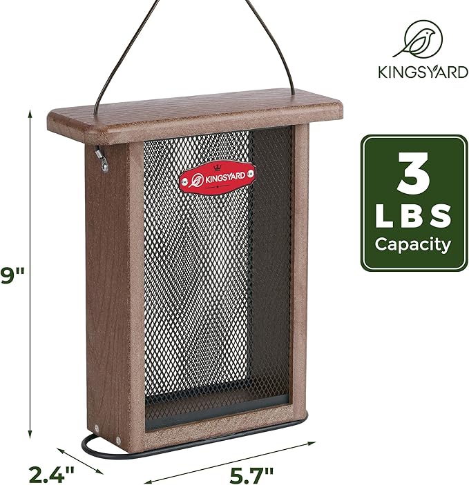 Kingsyard Metal Mesh Bird Feeder for Outdoors Hanging, Finch Feeder for Nyjer/Thistle, Sliding Mesh & Built-in Perch, Recycled Plastic, Brown