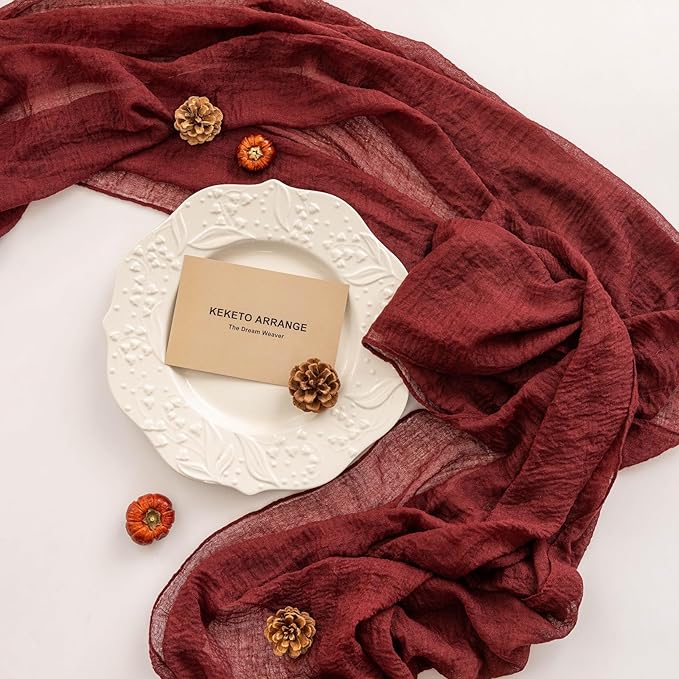 Burgundy Table Runner Red Cheesecloth Gauze 120 Inch 10 FT Rustic Boho Cheese Cloth Runner for Wedding Baby Shower Bridal Shower Birthday Party Long Sheer Home Decorations