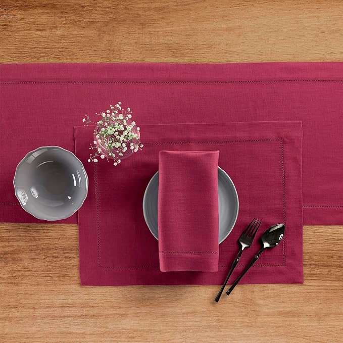 Solino Home Linen Table Runner 48 Inches - 100% Pure Linen Beet Hemstitch Table Runner 14 x 48 Inch Ideal for Dresser and Coffee Tables - Fall, Autumn, Thanksgiving - Classic Hemstitch