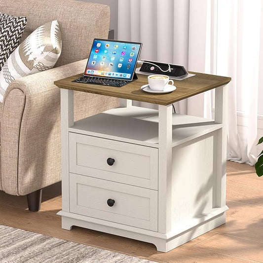 HIFYOBRO End Table with Flip Top Charging Station and 2 Drawers, Type-C & USB Port & Power outlets, Wooden Storage Cabinet, Large Side Table with Storage for Living Room and Bedroom (White)