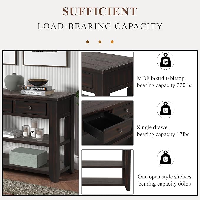 Solid Wood Console Table,Sofa Table with Storage Drawers and Bottom Shelf,Entryway Table for Entry Hallway Foyer,Fully Assembled (48.8" Distressed Black)