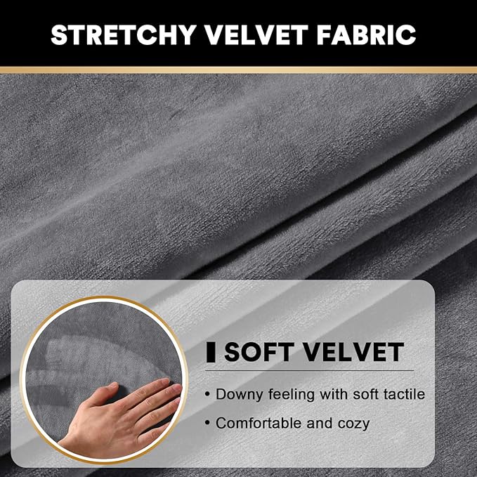 PrinceDeco Stretch Sofa Cushion Covers for Couches and Sofas,Soft Velvet Couch Seat Covers, Sofa Covers Washable, Seat Cushion Cover for 3 Couch Sofa Pet Friendly - Grey, Each Width Up to 29.5"
