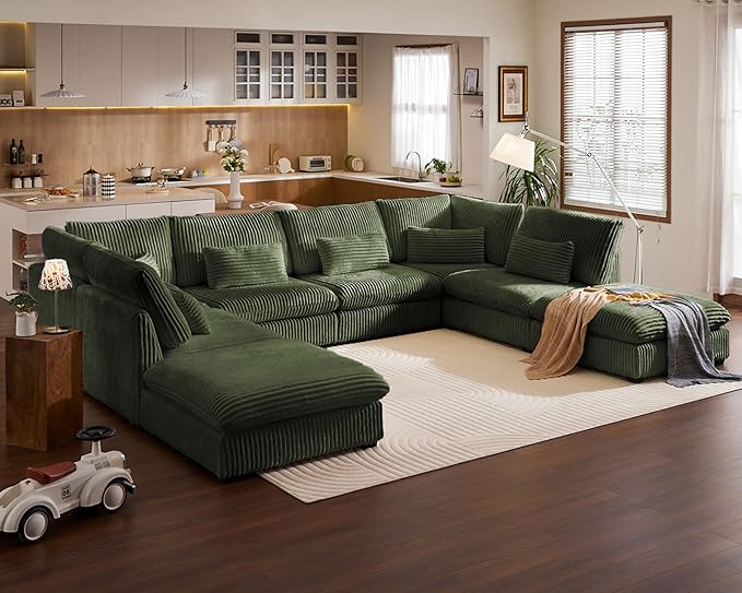 Oversized Modular Sofa, Extra Deep Cloud Corduroy Sectional Couch with Ottoman Chaise, Fluffy Chenille 8 Seater Couch Bed for Living Room, Villa (Sofa Bed 8 Seater, Corduroy Green)