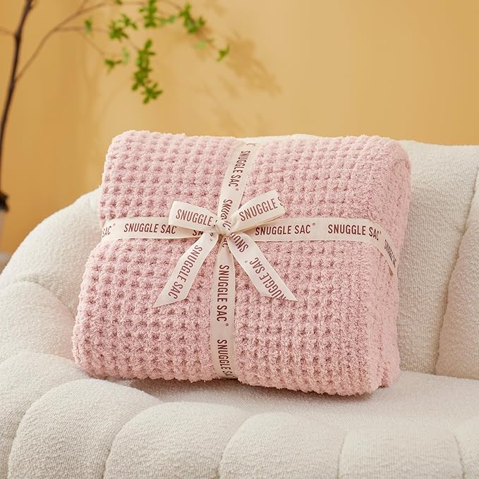 Snuggle Sac Pink Waffle Throw Blanket for Couch Bed Sofa 60x80 inches, Reversible Pink Blanket Microfiber Fluffy Fuzzy Cozy Knit Twin Blanket for Women Mothers Birthday Gifts