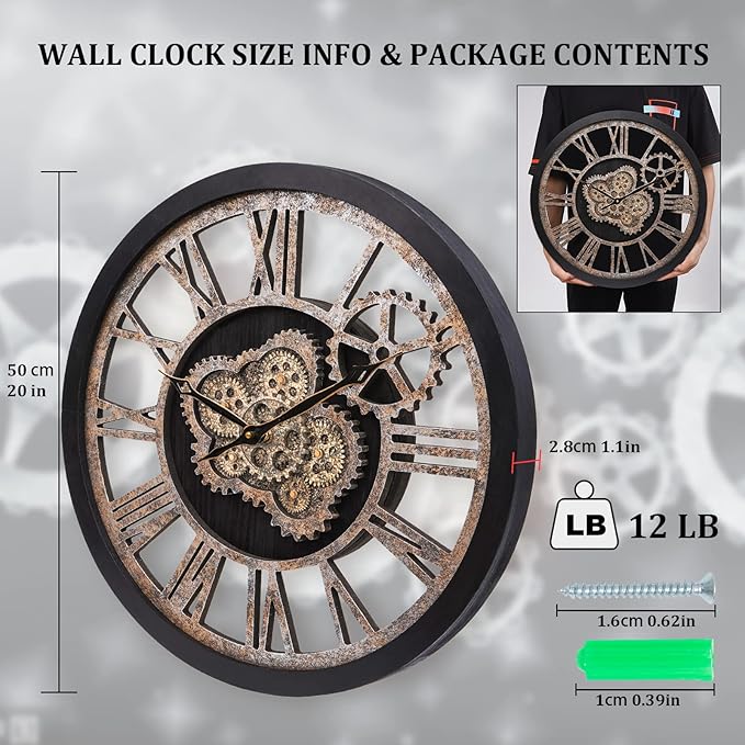 HOIBAI Large Wall Clock, Wall Clocks for Living Room Decor 20 Inch Farmhouse Vintage Rustic Kitchen Wall Decor Vintage Roman Oversized Wall Clock for Home Bedroom House Office, Moving Gears Clock