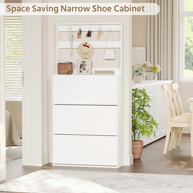 Shoe Cabinet with 3 Flip Drawers, Narrow Shoe Cabinet with 9 Hooks Coat Rack, Freestanding Shoes Storage Cabinets with Adjustable Shelves for Entryway, Hallway, Living Room, White