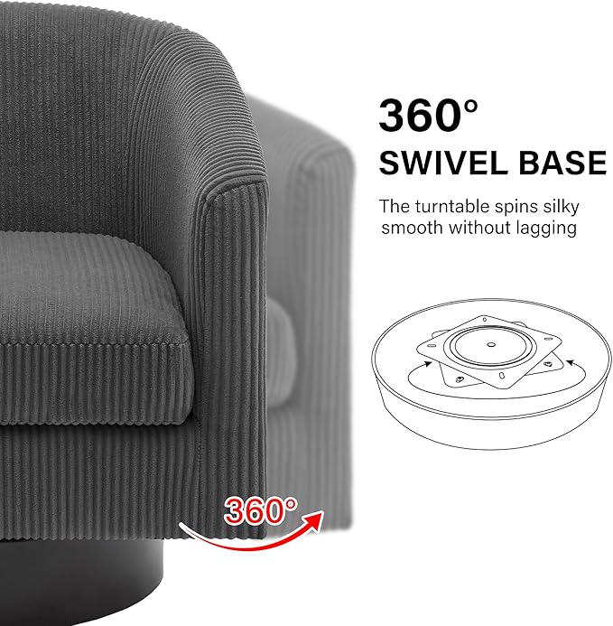 Swivel Barrel Accent Chair, Modern Round Corduroy Fabric Arm Chair for Living Room, Bedroom, Comfy Club Reading Chairs for Adults (Corduroy Grey, Set of 4)