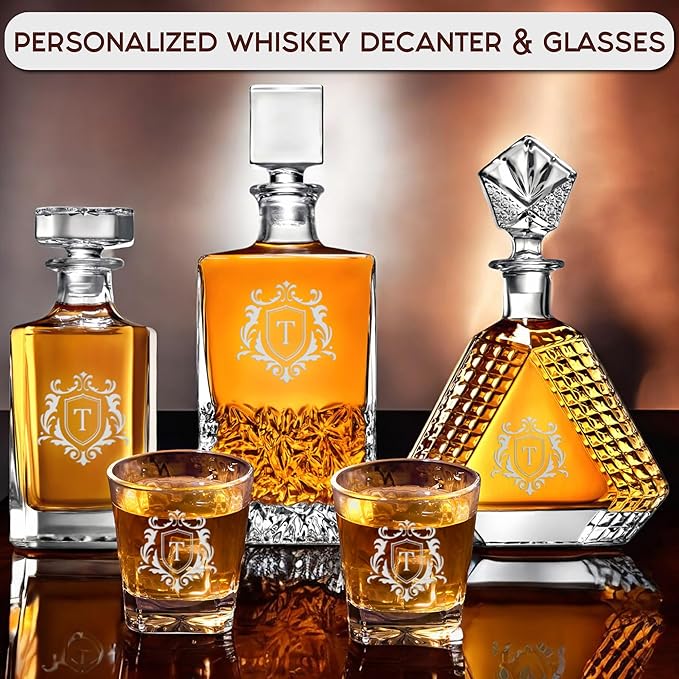 Personalized Rectangle Whiskey Decanter Set for Men 700ml Luxury Gift for Dad, Him, Boyfriend - Liquor Decanters with 2 or 4 Glasses for Birthday, Retirement, Weddings - 24 Engraved Design Options
