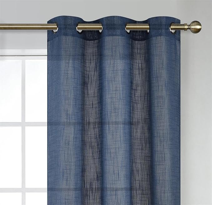 MIUCO Semi Sheer Curtains Poly Linen Textured Solid Grommet Curtains 95 Inches Long for Living Room 2 Panels (2 x 37 Wide x 95" Long) Navy Blue