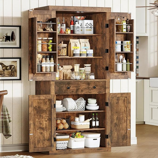usikey 72” Kitchen Pantry Cabinet, Tall Storage Cabinet with 4 Doors and 1 Drawer, Freestanding Cupboard with 6 Hanging Shelves and Adjustable Shelves for Kitchen, Living Room, Rustic Brown