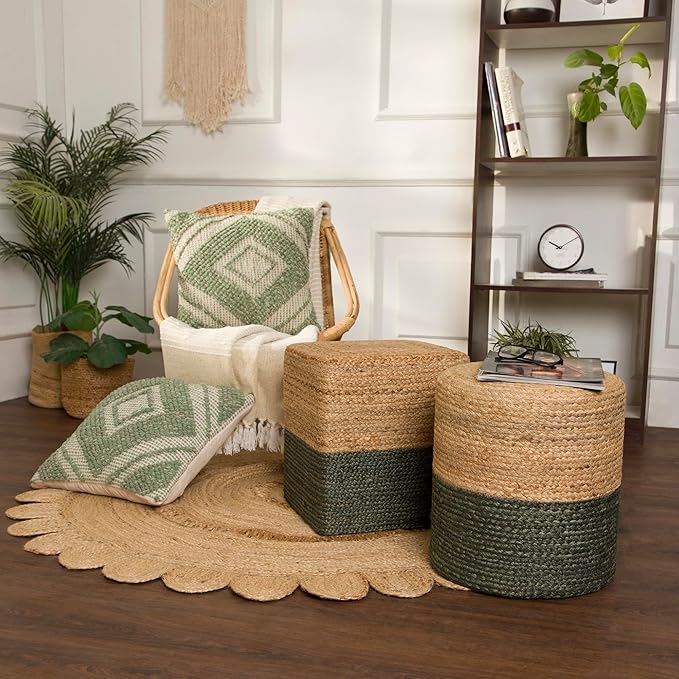 REDEARTH · Cube Pouf Foot Stool Ottoman - Jute Braided Pouffe Poof Accent Sitting Footrest for The Living Room, Bedroom, Nursery, Patio, Lounge & Other Rooms (14.5”x14.5”x16”; Natural Olive)