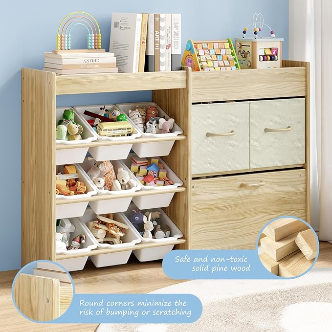Toy Storage Organizer for Kids, 9-Bin Toy Organizer with 2-Drawers,Movable Toy Chest and Top Rack, Multifunctional Kids Bookshelf and Toy Storage for Living Room, Playroom, Nursery, White