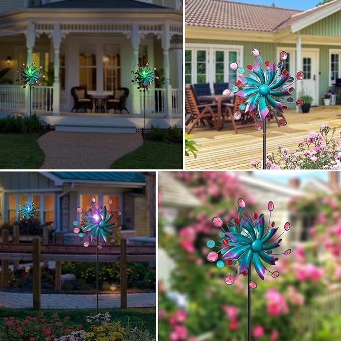 360°Solar Wind Spinner with Lights Blue Metal Garden Outdoor Decor Yard Lawn Art Decor for Patio Kinetic Windmills Unique Gifts for Friends and Family 60.63'' H x 13.38'' Dia