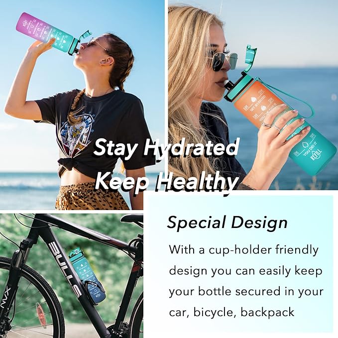 Enerbone Water Bottle, Leakproof BPA & Toxic Free, Motivational Water Bottle with Times to Drink and Straw, Fitness Sports Water Bottle with Strap for Office, Gym, Outdoor Sports