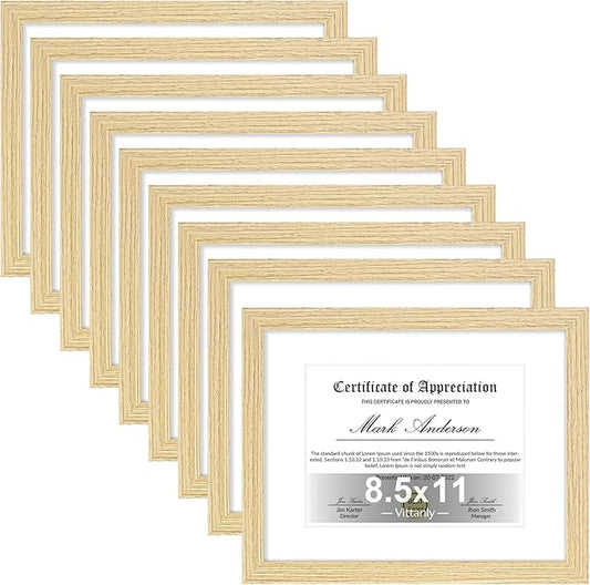 Vittanly 8.5x11 Picture Frames Set of 9, Shatter Resistant Plexiglass, Display 6x8 Pictures with Mat or 8.5x11 without Mat, Photo Frames for Wall or Tabletop, Engineered Wood, OAK