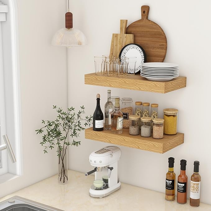 Deep Floating Shelves, 12 Inch Deep Rustic Floating Shelves Set of 2, 24 Inch Large Oak Wood Wall Mounted Shelves for Books Living Room Laundry Room Bedroom Kitchen Home Office - Oak