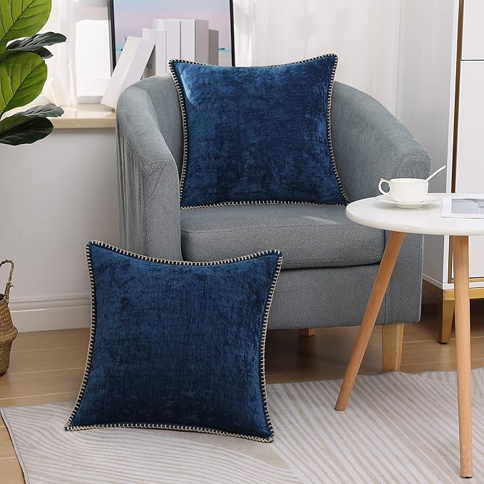 decorUhome Chenille Soft Throw Pillow Covers 22x22 Set of 2, Farmhouse Velvet Neutral Decorative Euro Pillow Covers with Stitched Edge for Couch Sofa Bed Home Decor, Poseidon