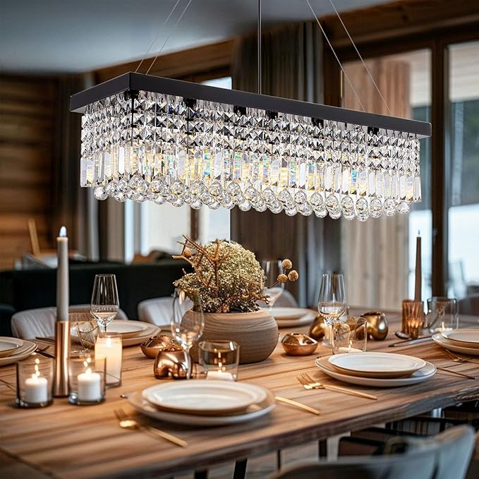 Rectangle K9 Crystal Chandelier,Rectangular Contemporary Pendant Light Fixture,Black Modern Crystal Chandeliers for Dining Room Kitchen Island L31.5''xW10''xH10''