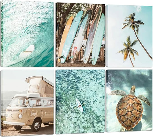 Set of 6 Tropical Beach Canvas Wall Art Surf Poster Summer Ocean Coastal Pictures Turtle Print Palm Tree Surfboard Gallery Paintings Nautical Bus Wall Decor for Bedroom Bathroom Framed