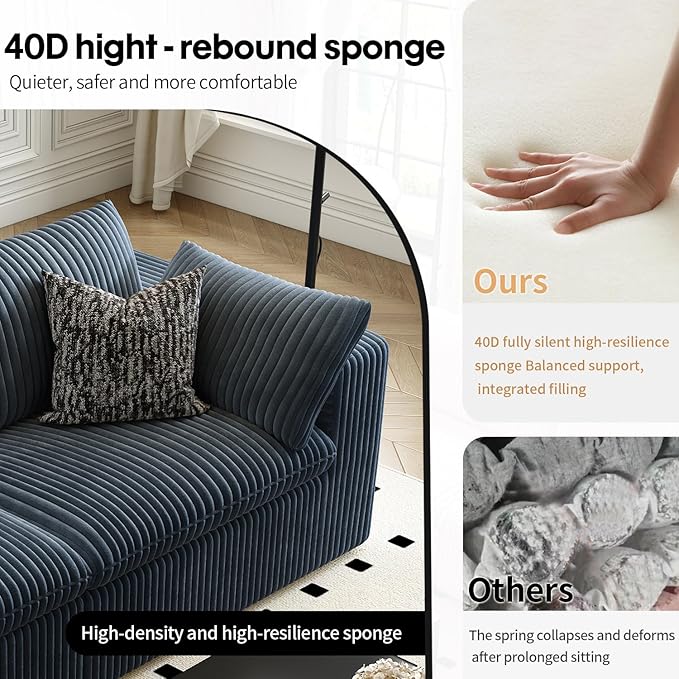 LoveSeat Cloud Couch Modular Sectional Sofa for Living Room,Modern Sofa with Deep Seat，2 Seater Boneless Couch,Comfy Upholstered Corduroy Couches for Apartment, Studio, Office,Bedroom，Blue