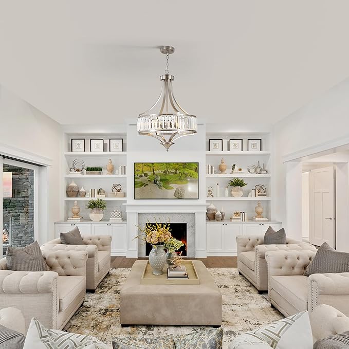 20" Brushed Nickel Chandeliers for Dining Room, 5-Light Modern Crystal Chandelier for Entryway, Hanging Round Light Fixture for Kitchen Island Living Room Bedroom Office Bathroom Staircase