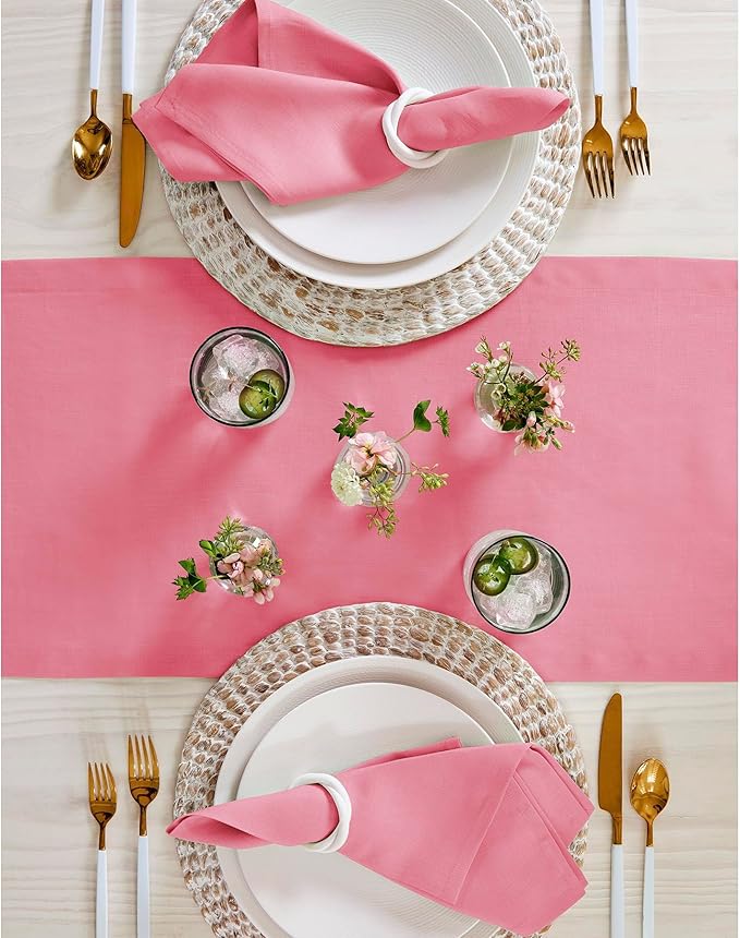 Solino Home Linen Pink Carnation Table Runner 60 Inches - 100% Pure Linen Short Table Runner 14 x 60 Inch Ideal for Dresser and Coffee Tables - Halloween - Fete