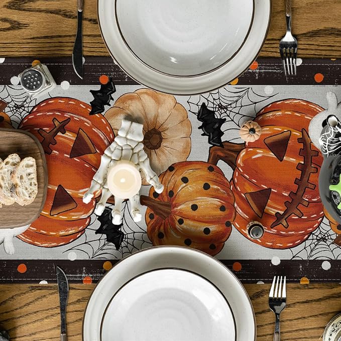 Artoid Mode Jack-O'-Lantern Pumpkin Ghost Spider Web Halloween Table Runner,Holiday Kitchen Dining Table Decoration for Home Party Decor 13 x 36 Inch