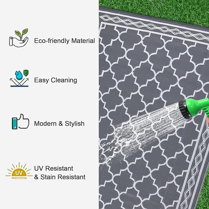 GAOMON Outdoor Plastic Straw Rug, 10'x14' Reversible Sage Green Patio Mat, Flower Modern Design for RV, Backyard, Deck, Camping, Picnic, Grey/White(Geometric)