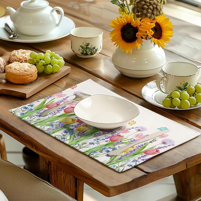 Tulip Placemats Set of 4 Spring Summer Flowers Tulips Lavender Place Mats Watercolor Floral Dandelion Butterfly Non-Slip Heat Resistant Washable Linen Table Mats for Dining Table Kitchen Decor