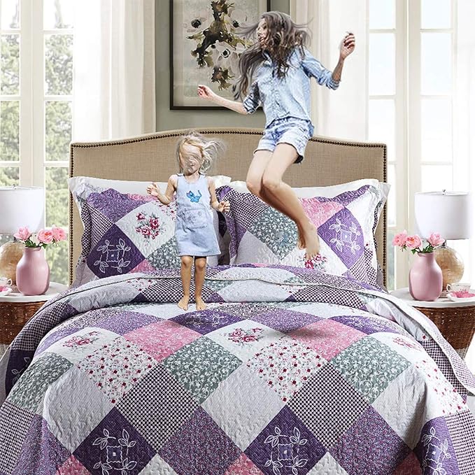 NEWLAKE Quilt Bedspread Sets-Floral Checkered Pattern Reversible Coverlet Set,King Size