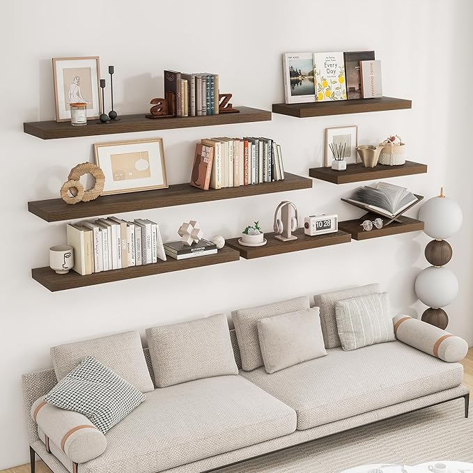 RICHFOCUS 72Inch Floating Shelves for Wall 2 Pack Shelves for Bedroom|Kitchen|Bathroom Wall Mounted Rustic Wood Floating Shelf with Invisible Brackets for Books|Storage|Decor, Walnut
