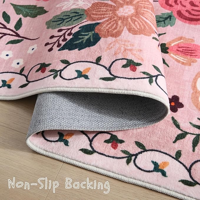 Runner Rug for Hallways Kitchen Rug Non Slip 2'6''x8' Washable Runner Rugs with Rubber Backing Soft Floral Carpet Runner for Hallways, Kitchen, Laundry, Bedroom, Bathroom(Pink)